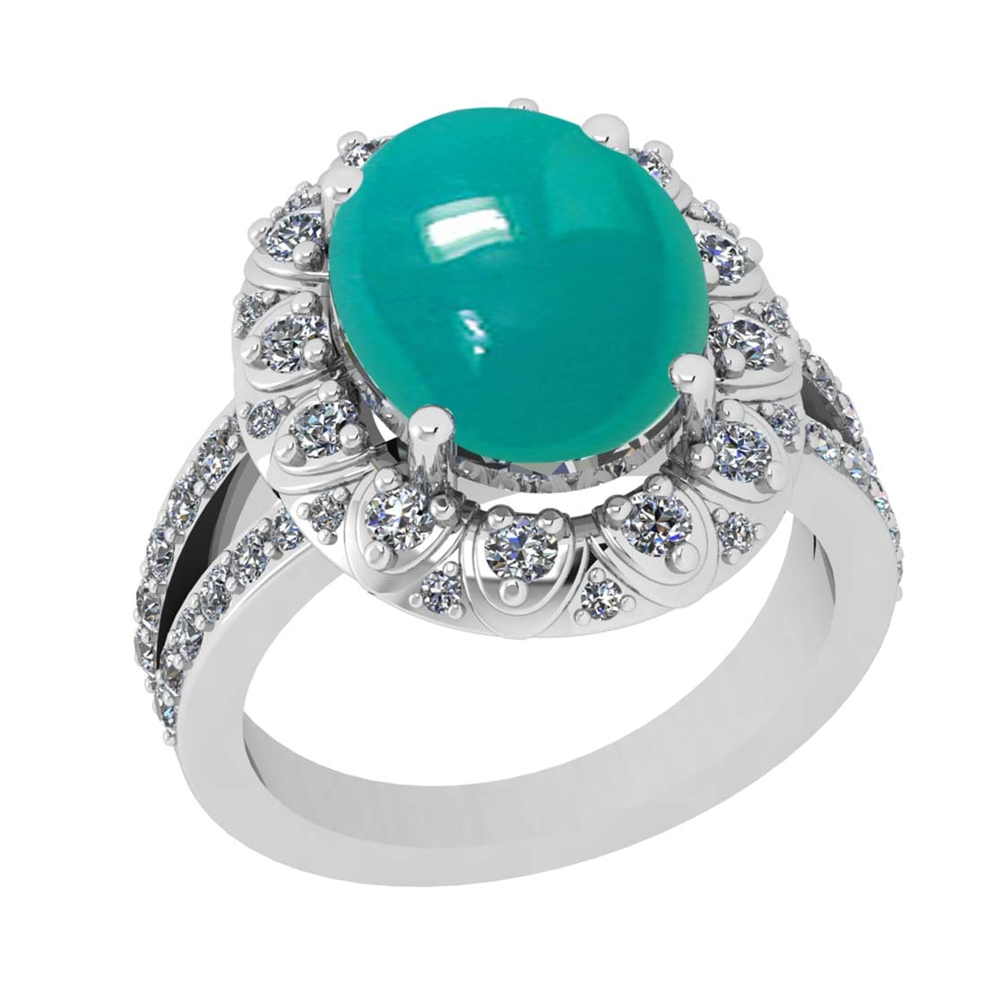 6.74 CtwVS/SI1 Emerald and Diamond 14k White Gold Engagement Ring: Center Stone Weight :-5.82 Ctw ( Oval Cab) Center Stone Color :-Emerald Center Stone Setting : Prong Side Diamond Weight Of Ctw :- 0.92 Ctw Color : J-K Clarity : VS/SI1 Daimond Setting : Prong Metal W