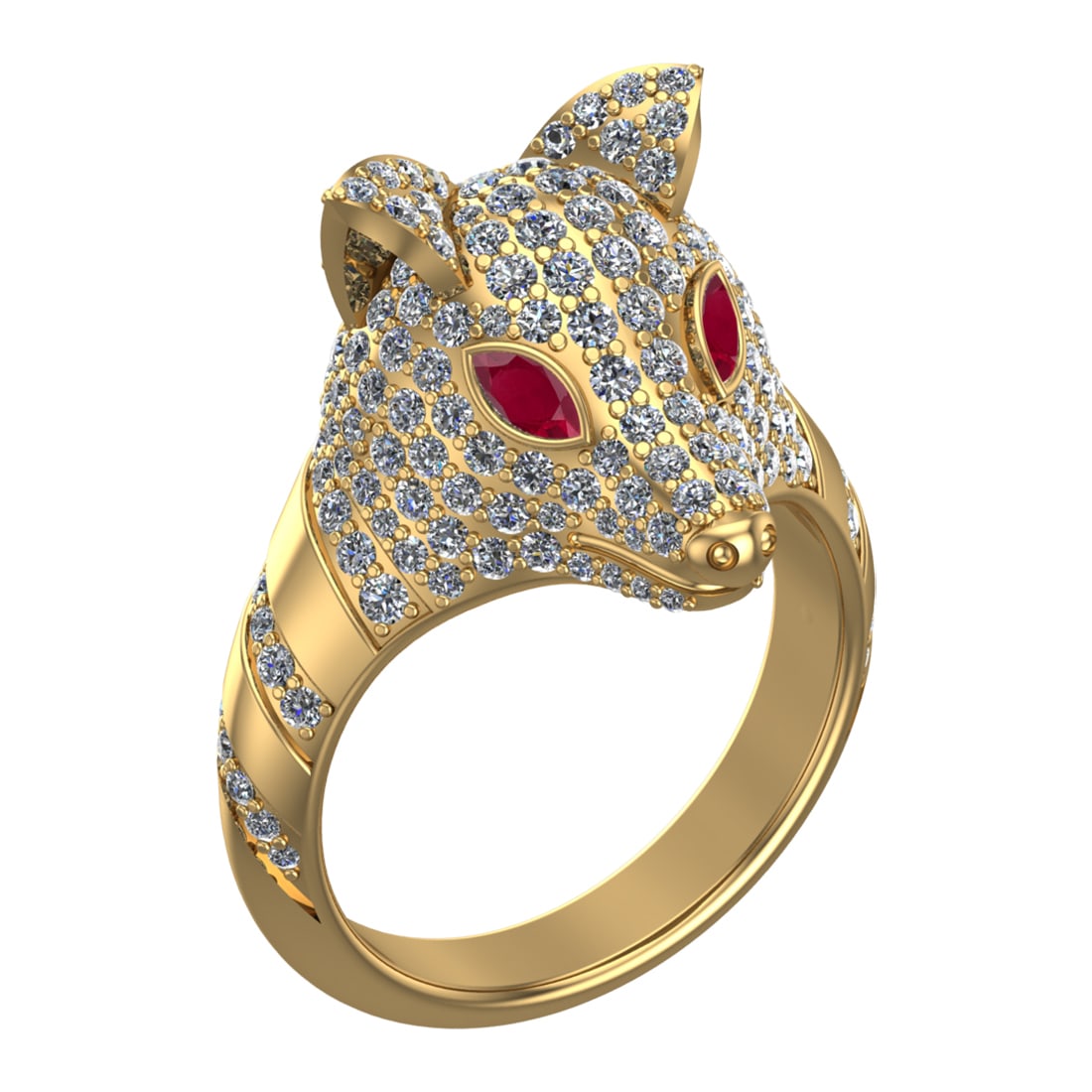 2.31 Ctw VS/SI1 Ruby and Diamond 14k Yellow Gold Animal theme Ring (ALL DIA: Center Stone Weight :-0.20 Ctw ( MarquiseCut) Center Stone Color :-Ruby Center Stone Setting : Prong Side Diamond Weight Of Ctw :- 2.11 Ctw Color : J-K Clarity : VS/SI1 Daimond Setting : Prong Metal W