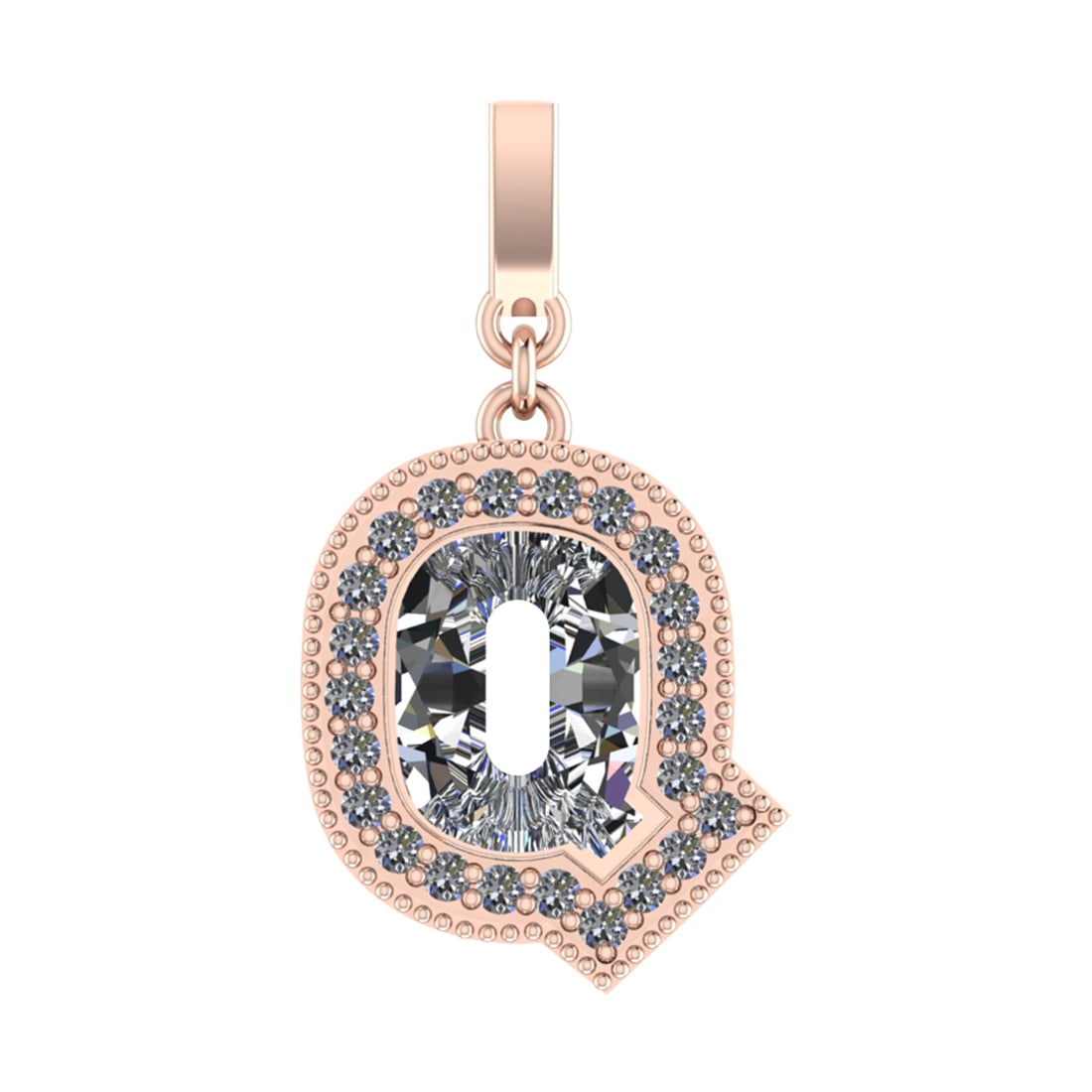 1.09 Ctw SI2/SI1 Diamond Prong Set 14k Rose Gold Alphabet-Q Pendant (ALL DI: Center Daimond Weight :-0.91 Ctw Color : White Side Diamond Weight Of Ctw 0.18 Ctw Color : G-H Clarity : SI2/SI1 Daimond Setting : Prong Metal Weight : Approx 3.28 gram 14k Rose Gold Alphabet-Q Pendan
