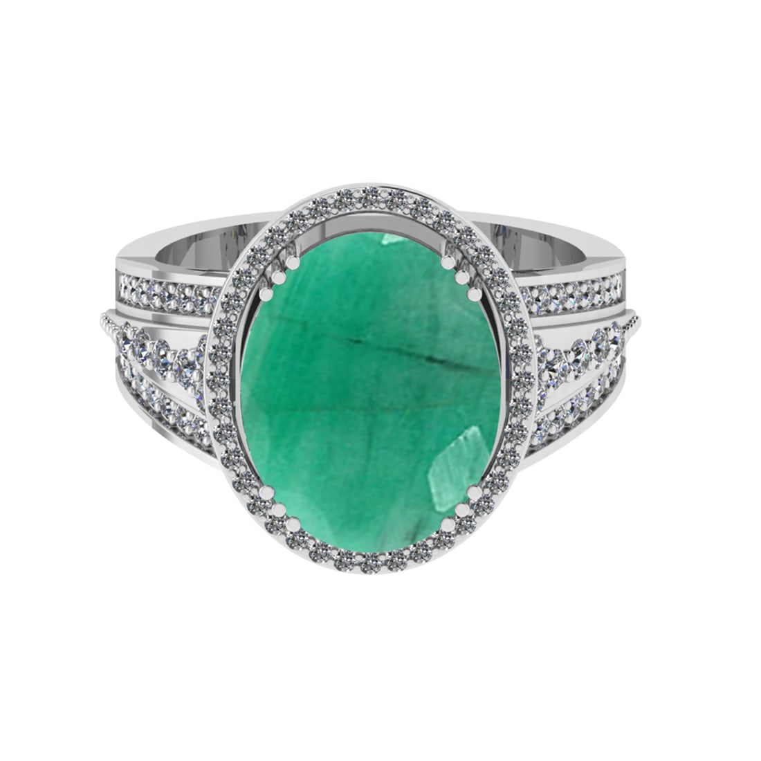 5.60 Ctw VS/SI1 Emerald And Diamond 14k White Gold Engagement Ring (ALL DIA: Center Stone Weight : 5.00 Ctw ( Oval Cut ) Center Stone Color : Emerald Stone Setting : Prong Side Diamond Weight Of Ctw 0.60 Ctw Side Stone Color : G-H Stone Clarity : VS/SI1 Stone Setting : Prong M