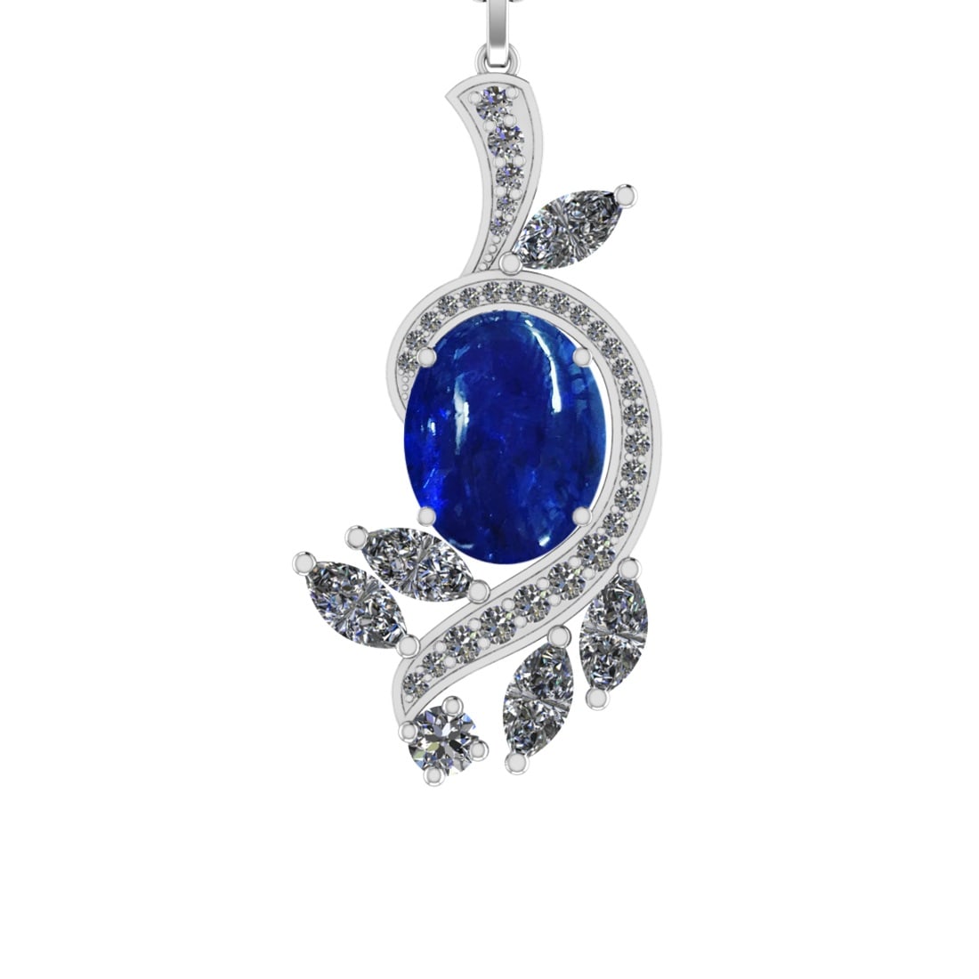49.08 Ctw SI1/SI2 Tanzanite and Diamond 14k white Gold Pandant (ALL DIAMOND: Center Stone Weight :-38.47 Ctw ( Oval Cab) Center Stone Color :-Tanzanite Center Stone Setting : Prong Side Diamond Weight Of Ctw 10.61 Ctw Color : J-K Clarity : SI1/SI2 Stone Setting : Prong Metal W