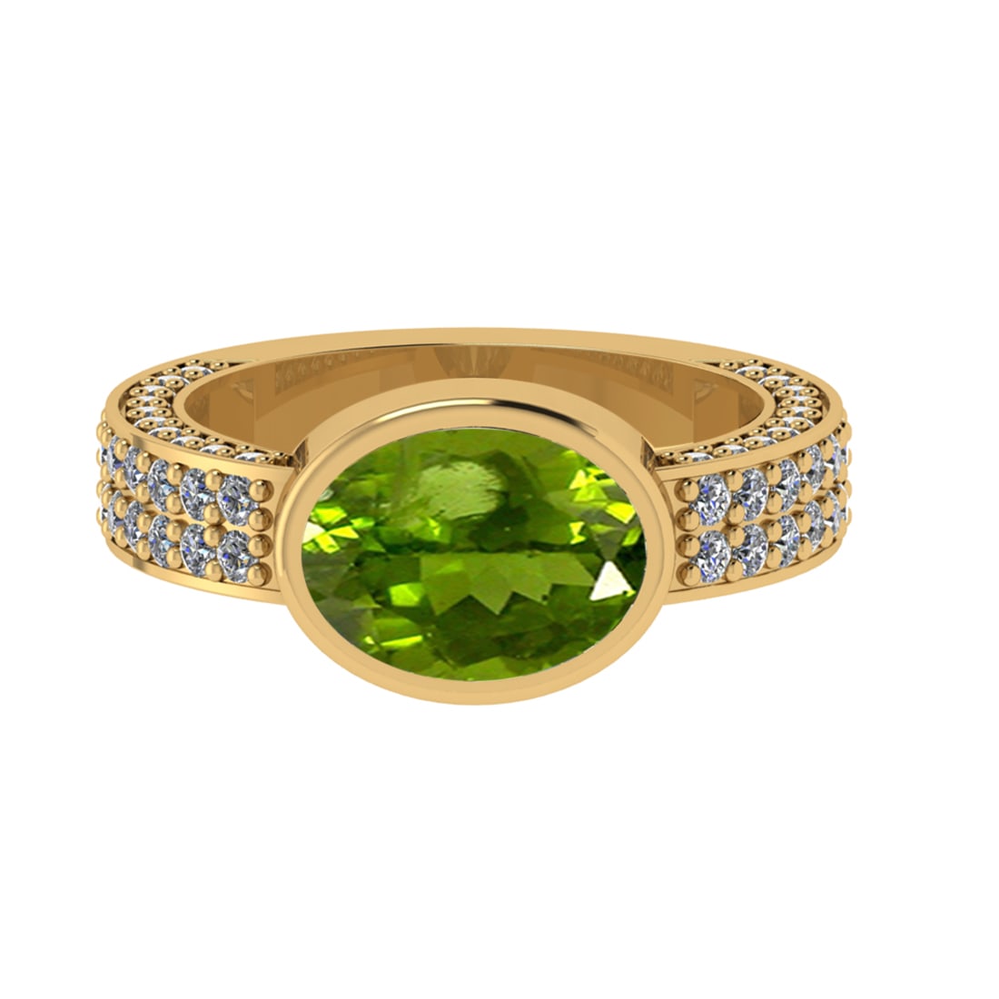 2.96 Ctw VS/SI1 Peridot and Diamond Set 10K Yellow Gold Engagement Ring (AL: Center Stone Weight :-2.00 Ctw ( Oval Cut) Center Stone Color :-Peridot Center Stone Setting : Prong Side Diamond Weight Of Ctw 0.96 Ctw Color : J-K Clarity : VS/SI1 Daimond Setting : Prong Metal Weig