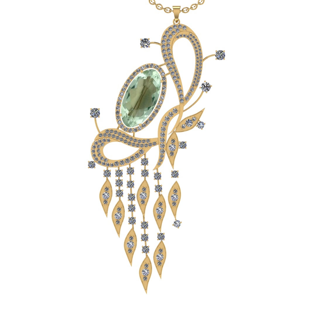 22.71 Ctw I2/I3 Green Amethyst And Diamond 10K Yellow Gold Necklace(ALL DIA: Center Stone Weight : 15.22 Ctw ( Oval Cut ) Center Stone Color : Green Amethyst Stone Setting : Prong Side Diamond Weight Of Ctw 7.49 Ctw Side Stone Color : J-K Stone Clarity : I2/I3 Stone Setting : 