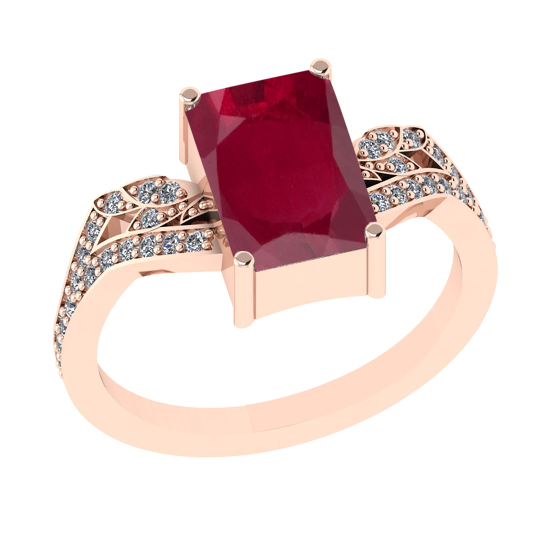 2.77 Ctw VS/SI1 Ruby and Diamond 14k Rose Gold Engagement Ring (ALL DIAMOND: Center Stone Weight :-2.50 Ctw ( Emerald Cut) Center Stone Color :-Ruby Center Stone Setting : Prong Side Diamond Weight Of Ctw :- 0.27 Ctw Color : J-K Clarity : VS/SI1 Daimond Setting : Prong Metal W
