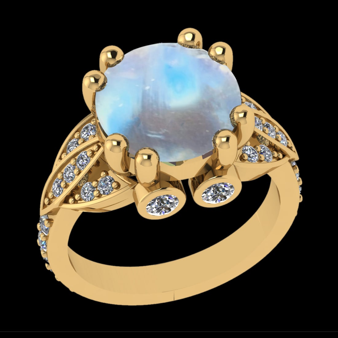 7.18 Ctw VS/SI1 Rainbow Moonstone And Diamond 14K Yellow Gold Engagement Ri: Center Stone Weight : 6.46 Ctw ( Round Cab ) Center Stone Color : Rainbow Moonstone Stone Setting : Prong Side Diamond Weight Of Ctw 0.72 Ctw Side Stone Color : J-K Stone Clarity : VS/SI1 Stone Settin