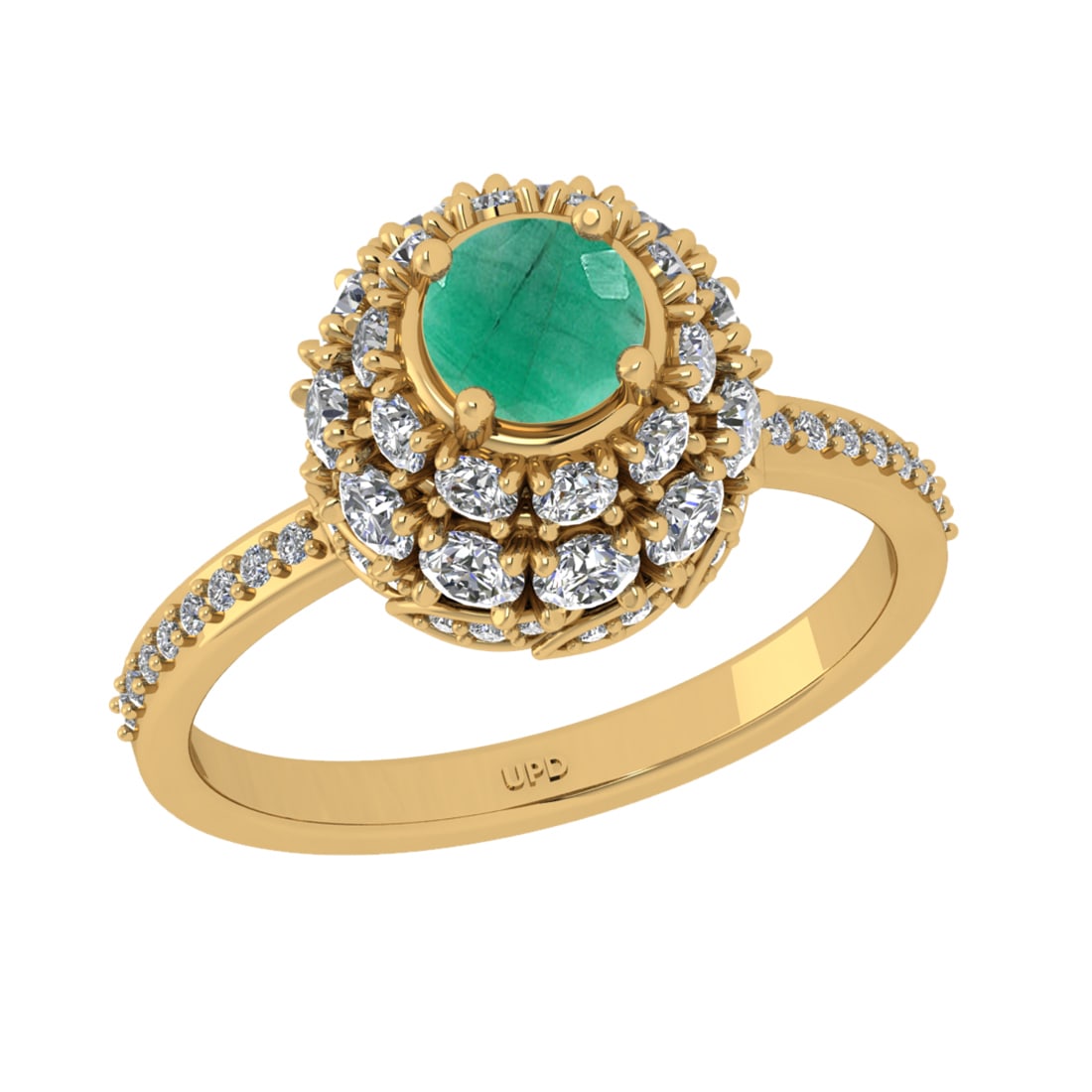 2.00 Ctw VS/SI1 Emerlad and Diamond Prong Set 14K Yellow Gold Engagement Ri: Center stone Weight :-: 0.90 Ctw ( Round Cut) Color :- Emerlad Center Stone Setting : Prong Side Diamond Weight Of Ctw 1.10 Ctw Color : J-K Clarity : VS/SI1 Stone Setting : Prong Metal Weight : Approx
