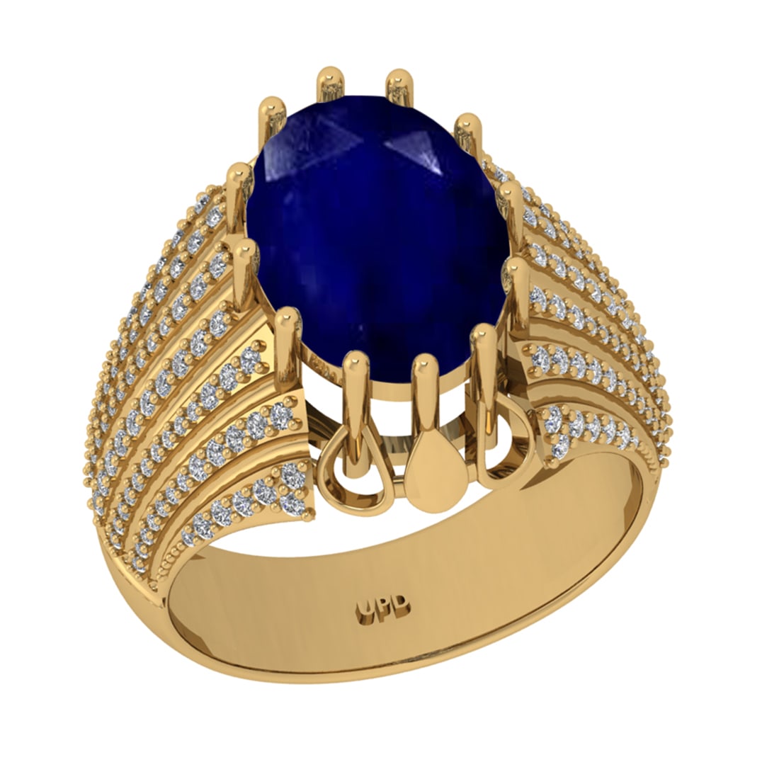 5.06 Ctw VS/SI1 Blue Sapphire And Diamond 14K Yellow Gold Engagement Ring: Center Stone Weight : 4.50 Ctw (Oval Cut ) Center Stone Color : Blue Sapphire Stone Setting : Prong Side Diamond Weight Of Ctw 0.56 Ctw Side Stone Color : G-H Stone Clarity : VS/SI1 Stone Setting : Pr