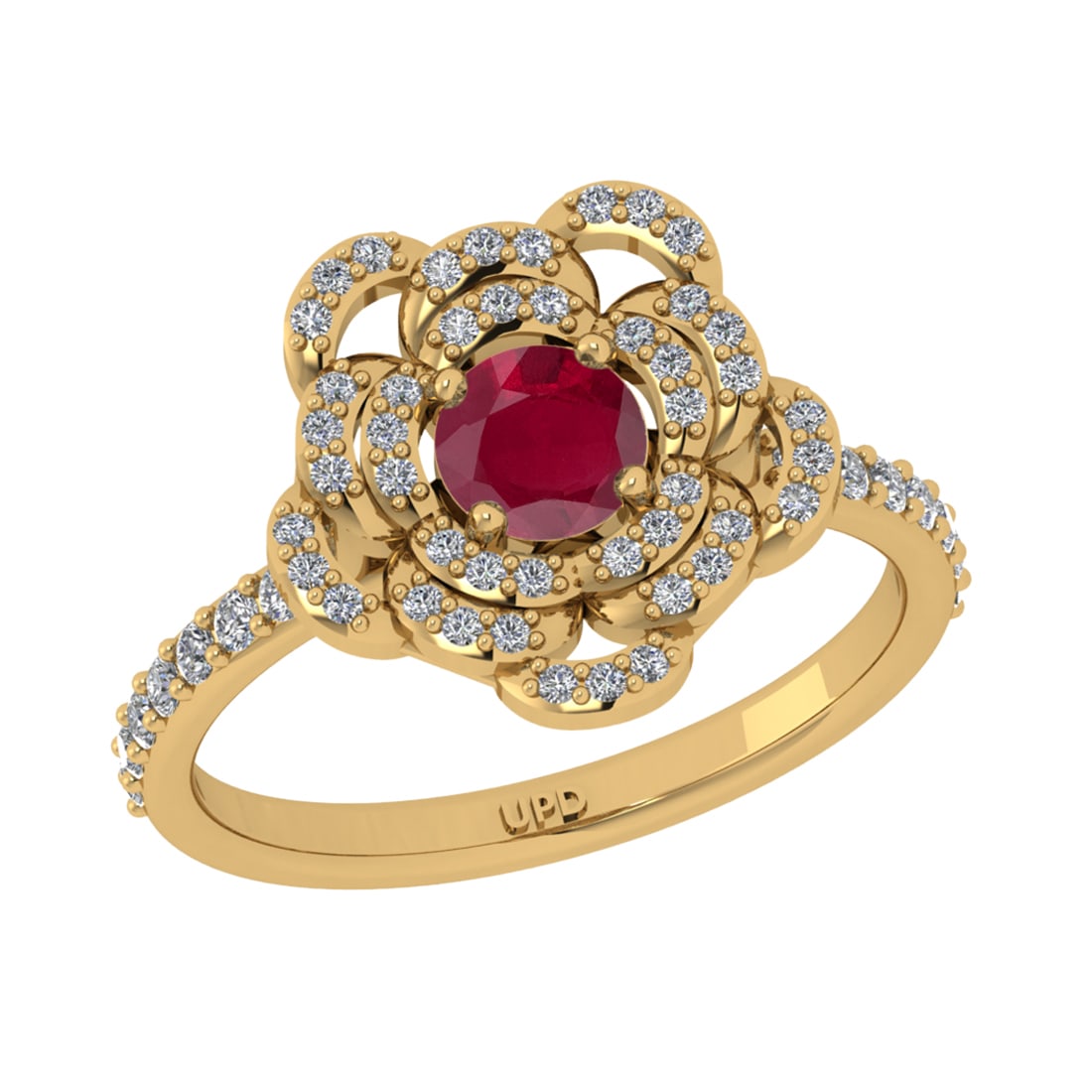 0.92 Ctw VS/SI1 Ruby and Diamond Prong Set 14K Yellow Gold Engagement Ring: Center stone Weight :-: 0.50 Ctw ( Round Cut) Color :- Ruby Center Stone Setting : Prong Side Diamond Weight Of Ctw 0.42 Ctw Color : J-K Clarity : VS/SI1 Stone Setting : Prong Metal Weight : Approx 3.