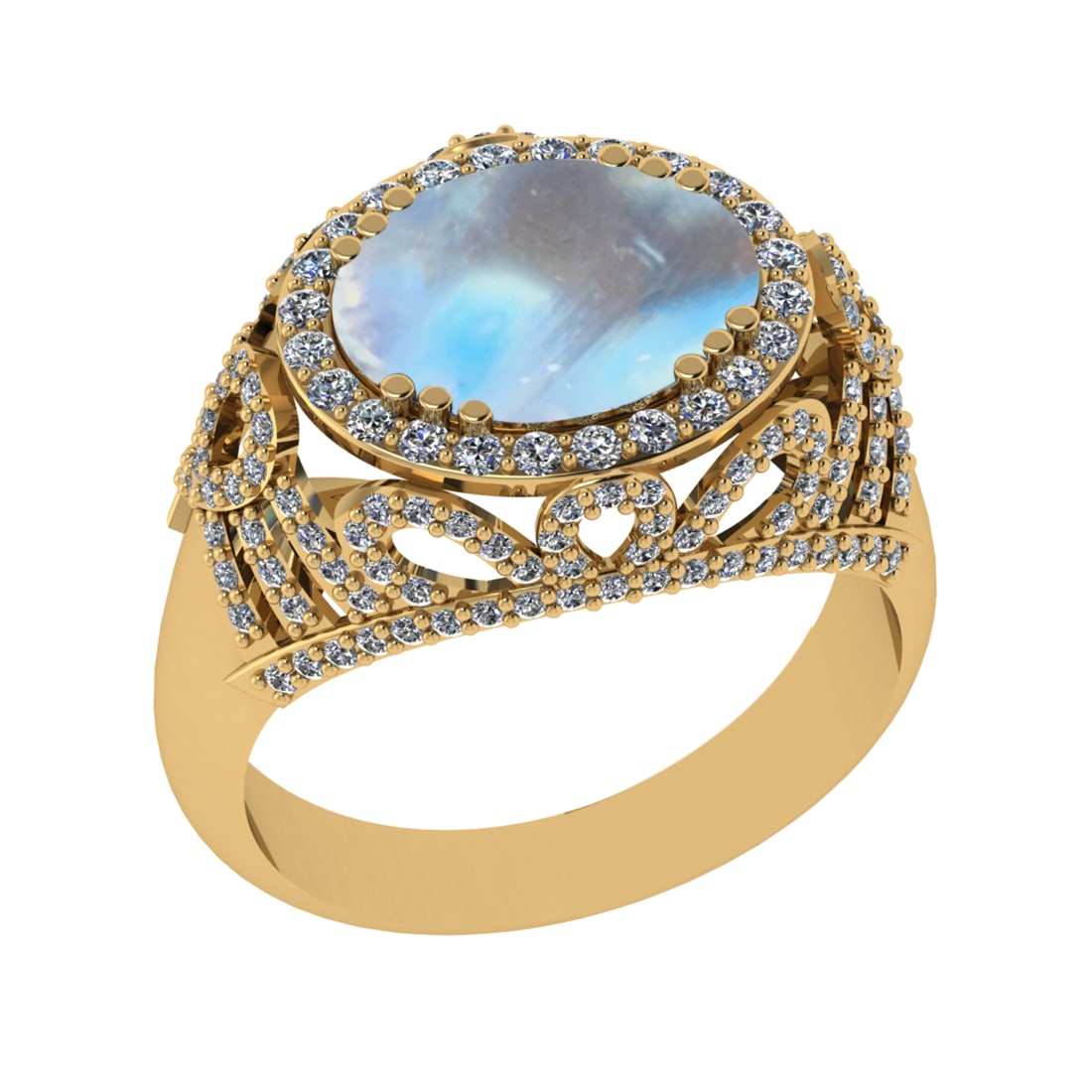 6.39 Ctw I2/I3 Rainbow Moonstone And Diamond 10K Yellow Gold Engagement Rin: Center Stone Weight : 5.30 Ctw ( Oval Cab ) Center Stone Color : Rainbow Moonstone Stone Setting : Prong Side Diamond Weight Of Ctw 1.09 Ctw Side Stone Color : J-K Stone Clarity : I2/I3 Stone Setting 