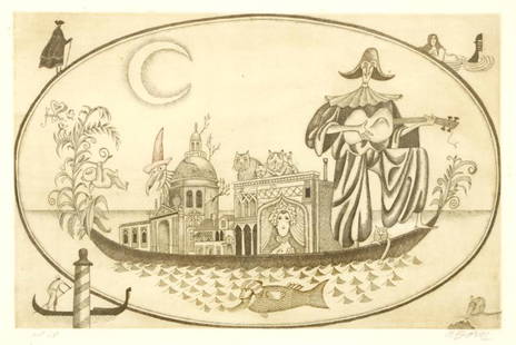 Born Adolf (1930 - 2016) Trip to Venice: multicolor drypoint, author's print, mat window 35,5 x 52,5 cm, signed bottom right A Born, framed, mount, glass