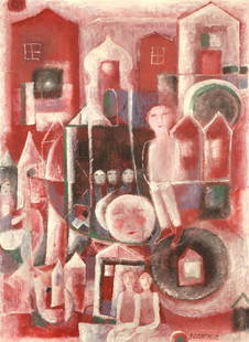 Husarikova Jindra (1931 - 2016) On the village square: oil/board, 84 x 62 cm, signed bottom right J Husarikova, framed