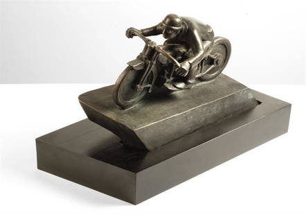 Benda Bretislav (1897 - 1983) Motorcyclist, 1929: patinated bronze, height 33 cm, signed bottom B. Benda, wooden plinth, marked on the bottom with a cast No. VI/V, authenticity verified by artist's family, document attached
