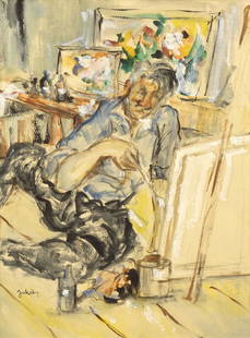 Jakoby Julius (1903 - 1985) Selfportrait, around 1957: oil, watercolor, pencil/cardboard, 44 x 34 cm, signed bottom left Jakoby, expertise PhDr. D. Srnenska, Ph.D., framed, glass