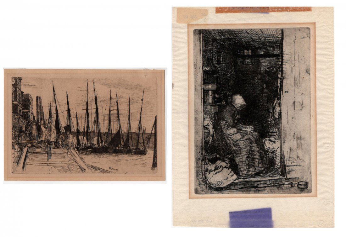 James Abbott McNeill Whistler: Two Etchings By Artist : James A.M. Whistler, Massachusetts, 1834-1903, Title : "Billingsgate" Series : American, Published Date : 1859 Medium : Etching & Drypoint printed in black ink on modern paper