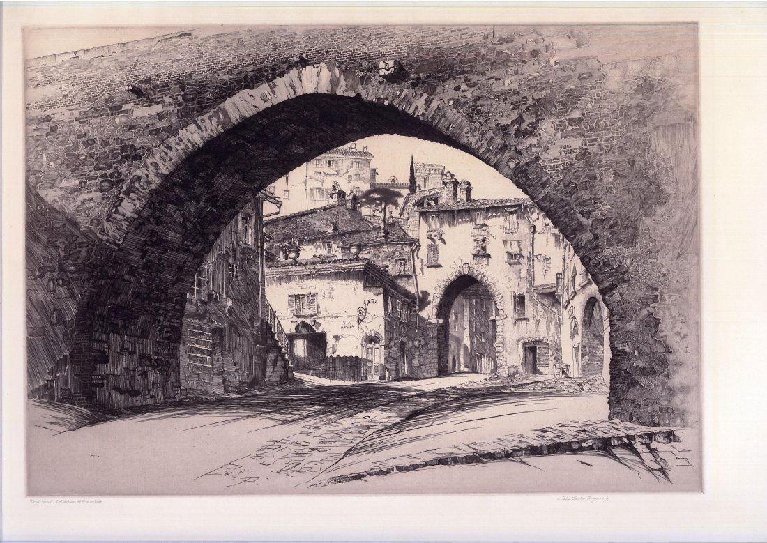 John Taylor Arms: Artist: American Etcher, John Taylor Arms / 1887-1953 Title: Arch of the Conca, Perugia. Published Date : 1926 Medium : Etching on Paper. Original Collection From The Artist. Measurements : 13x18 "Sig