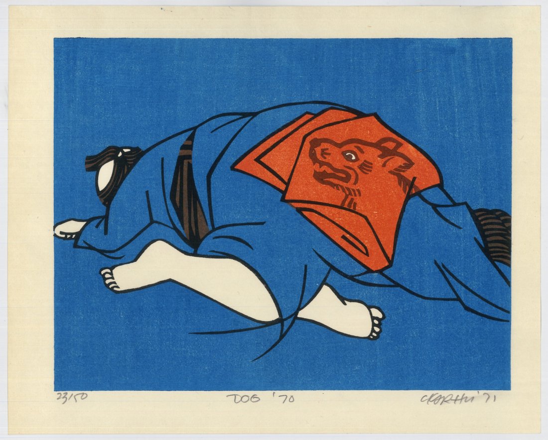 Clifton Karhu: Limited Edition Zodiac Scene - Dog: Artist: Clifton Karhu (American 1927-2007) Title: "Zodiac Scenes Dog" Series: Signs of Love Medium: Woodblock Print Format: Horizontal Paper Type: Washi Size: (9.5x11.5in) Signature Details: Numbered,