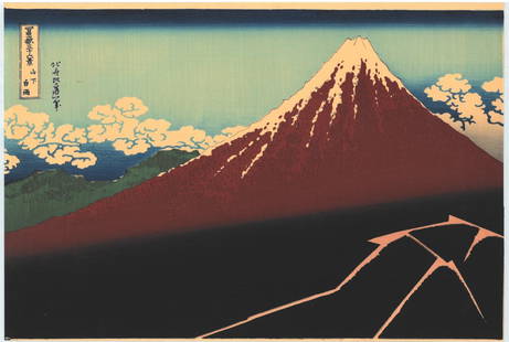 Katsushika Hokusai : Summer Shower Beneath the Peak: Artist: Katsushika Hokusai Title: "Summer Shower Beneath the Peak" Medium: Woodblock Size: (9.1/2x14in) Type: Washi Series: "Thirty-Six Views of Mt. Fuji"