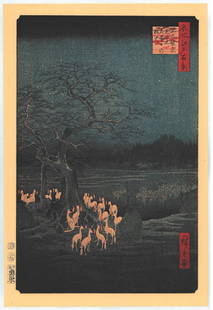 Utagawa Hiroshige : New Year's Eve Foxfires: Artist: Utagawa Ando Hiroshige Title: "New Year's Eve Foxfires" Series: One Hundred Famous Views of Edo Size: Oban (14.1/2x9.3/4) Medium: Japanese Reproduction Print Format: Vertical Paper Type: Washi