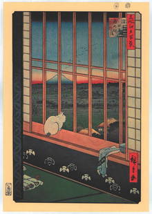 Utagawa Hiroshige : Asakusa Paddy Field and Torinoichi: Artist: Utagawa Ando Hiroshige Title: "Asakusa Paddy Field and Torinoichi" Series: One Hundred Famous Views of Edo Size: Oban (14.1/2x9.3/4) Medium: Japanese Reproduction Print Format: Vertical Paper