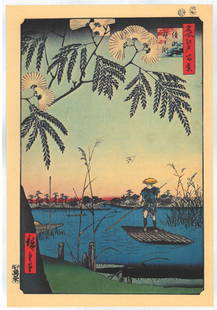 Utagawa Ando Hiroshige : The Ayase River and Kanegafuchi: Artist: Utagawa Ando Hiroshige Title: "The Ayase River and Kanegafuchi" Series: 100 Famous Sites of Edo Medium: Japanese Reproduction Print Format: Vertical Paper Type: Washi Size: Oban (14.1/2x9.3/4)