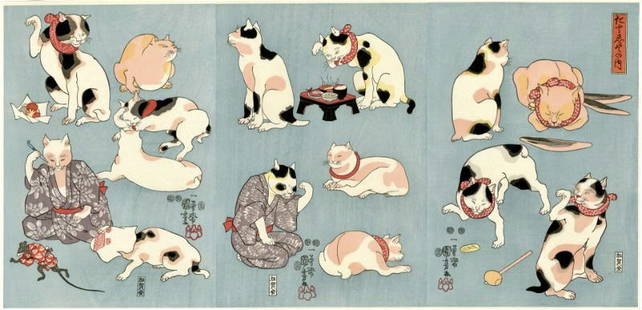 Utagawa Kuniyoshi : Proverbs Illustrated by Cats Triptych: Artist: Utagawa Kuniyoshi Title: "Proverbs Illustrated by Cats" Size: Oban Each Sheet Size in Inches (10.5x14.5in) Overall (31.5x14.5in) Paper Type: Washi Medium: Woodblock Place of Origin: Japan Form