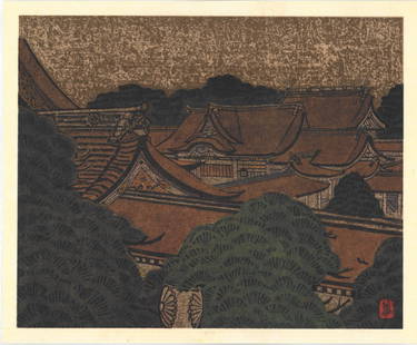 Makka Munakata : Meiji Shrine: Artist: Makka Munakata Title: "Meiji Shrine" Medium: Woodcut Size: (11x13.1/2in) Date: Showa era 1964 Place of Origin: Japan Paper Type: Washi Format: Horizontal