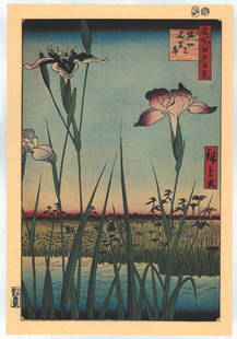 Utagawa Hiroshige : Irises of Horikiri: Artist: Utagawa Ando Hiroshige Title: "Irises of Horikiri" Series: One Hundred Famous Views of Edo Size: Oban (14.1/2x9.3/4) Medium: Japanese Reproduction Print Format: Vertical Paper Type: Washi Plac