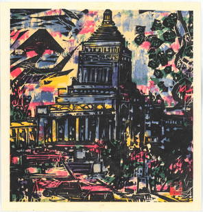 Shiko Munakata : The National Diet Building: Artist: Shiko Munakata Title: "The National Diet Building" Medium: Woodcut Size: (11.1.2x11.1/4in) Date: Showa era 1964 Place of Origin: Japan Paper Type: Washi Format: Vertical