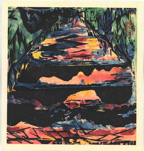 Shiko Munakata : Lake Towada: Artist: Shiko Munakata Title: " Lake Towada" Medium: Woodcut Size: (11.7/8x11.1/4in) Date: Showa era 1964 Place of Origin: Japan Paper Type: Washi Format: Vertical