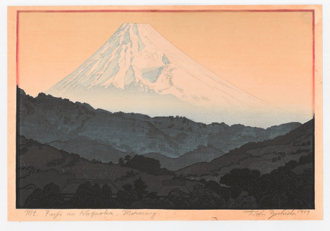 Toshi Yoshida : Mt Fuji from Nagaoka: Artist: Toshie Yoshida Title: Mt Fuji from Nagaok Date: 1959 Medium: Woodblock Size: (9x13in) Special Notes: Signed and dated by artist lower right margin.