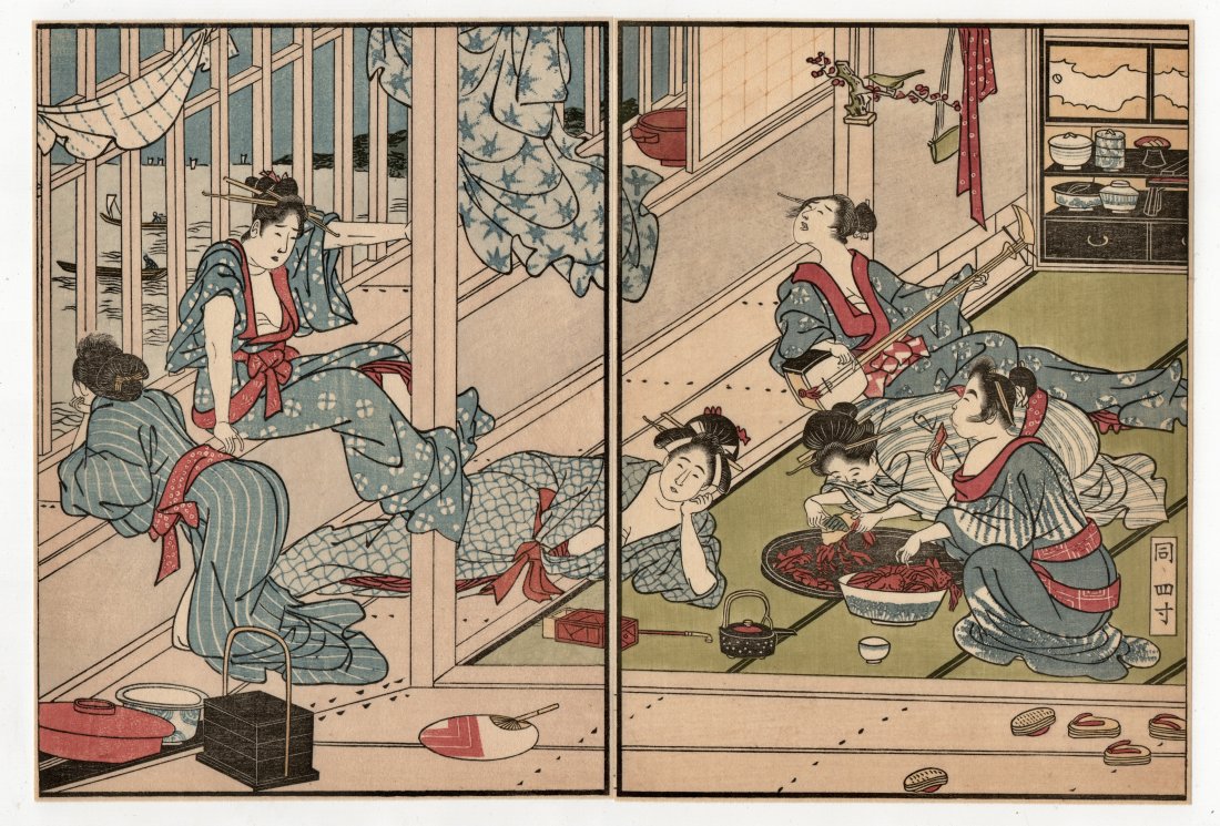 Kitagawa Utamaro Antique Diptych Woodblock Print: Artist: Kitagawa Utamaro. Title: “Untitled” Date: 1917 Size: (7.1/4x10.7/8in) Medium: Woodblock. Style: Diptych. Format: Horizontal. Publisher: Yoshikawa Kobunkan. Illustrator: Utagawa Toyokun