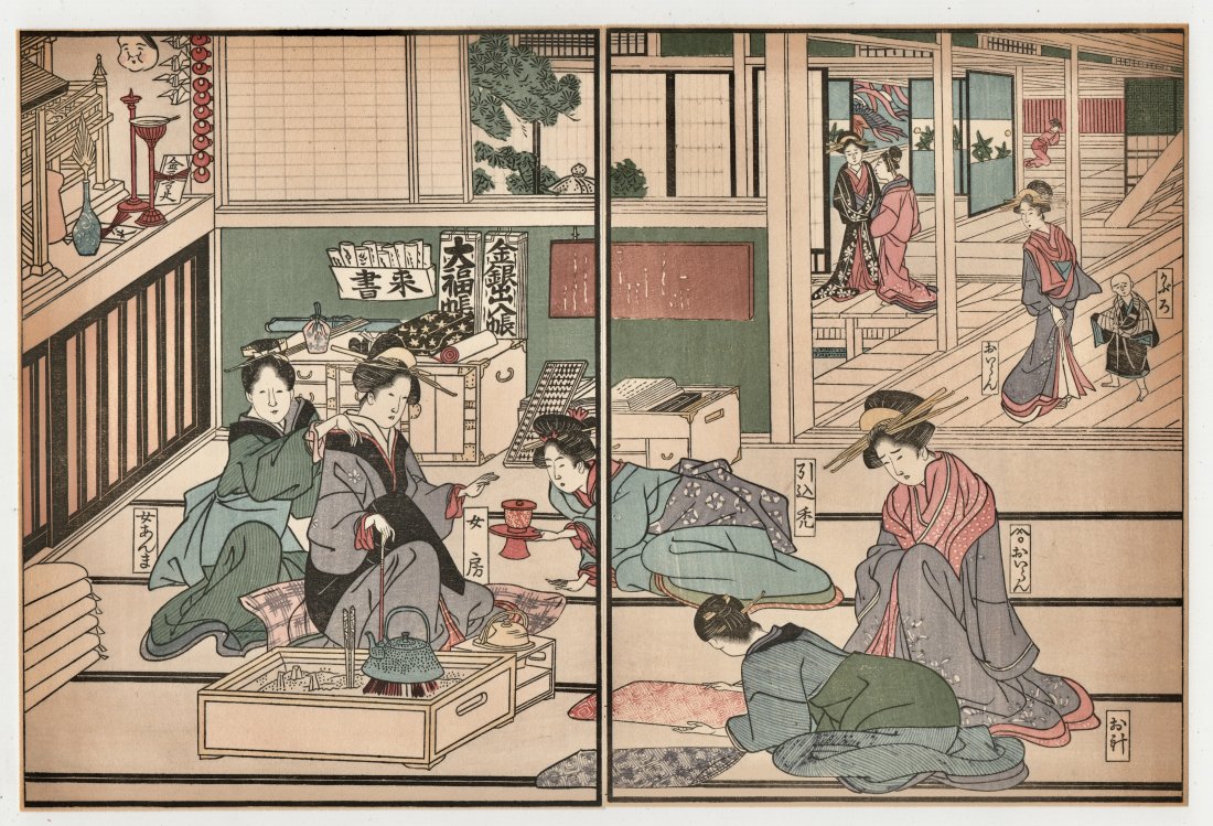 Kitagawa Utamaro Antique Diptych Woodblock Print: Artist: Kitagawa Utamaro. Title: “Untitled” Date: 1917 Size: (7.1/4x10.7/8in) Medium: Woodblock. Style: Diptych. Format: Horizontal. Publisher: Yoshikawa Kobunkan. Illustrator: Utagawa Toyokun