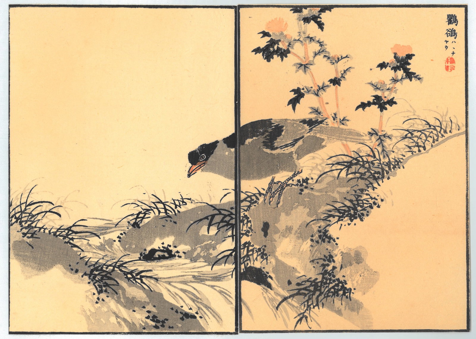 Diptych Woodblock Print by Kono Bairei : One Hundred Pictures of Birds: Artist: Kono Bairei. Title: "One Hundred Pictures of Birds" Medium: Woodblock. Size: Each Sheet (8.1/4x6in) total (8.1/4x12). Place of Origin: Japan. Circa: Meiji Period, (1868-1912). Format: Vertical