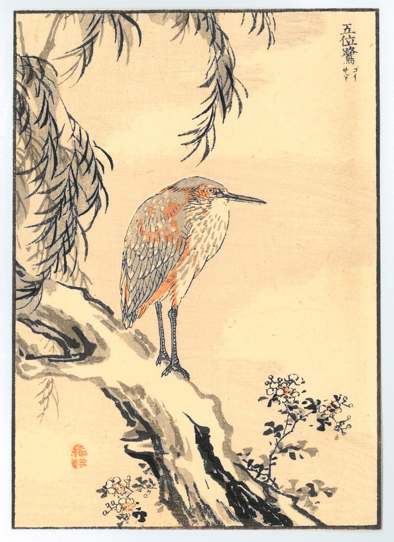 Woodblock Print by Kono Bairei : One Hundred Pictures of Birds: Artist: Kono Bairei. Title: "One Hundred Pictures of Birds" Medium: Woodblock. Size: (8.1/4x6in). Place of Origin: Japan. Circa: Meiji Period, (1868-1912). Format: Vertical. Paper Type: Washi. Publish