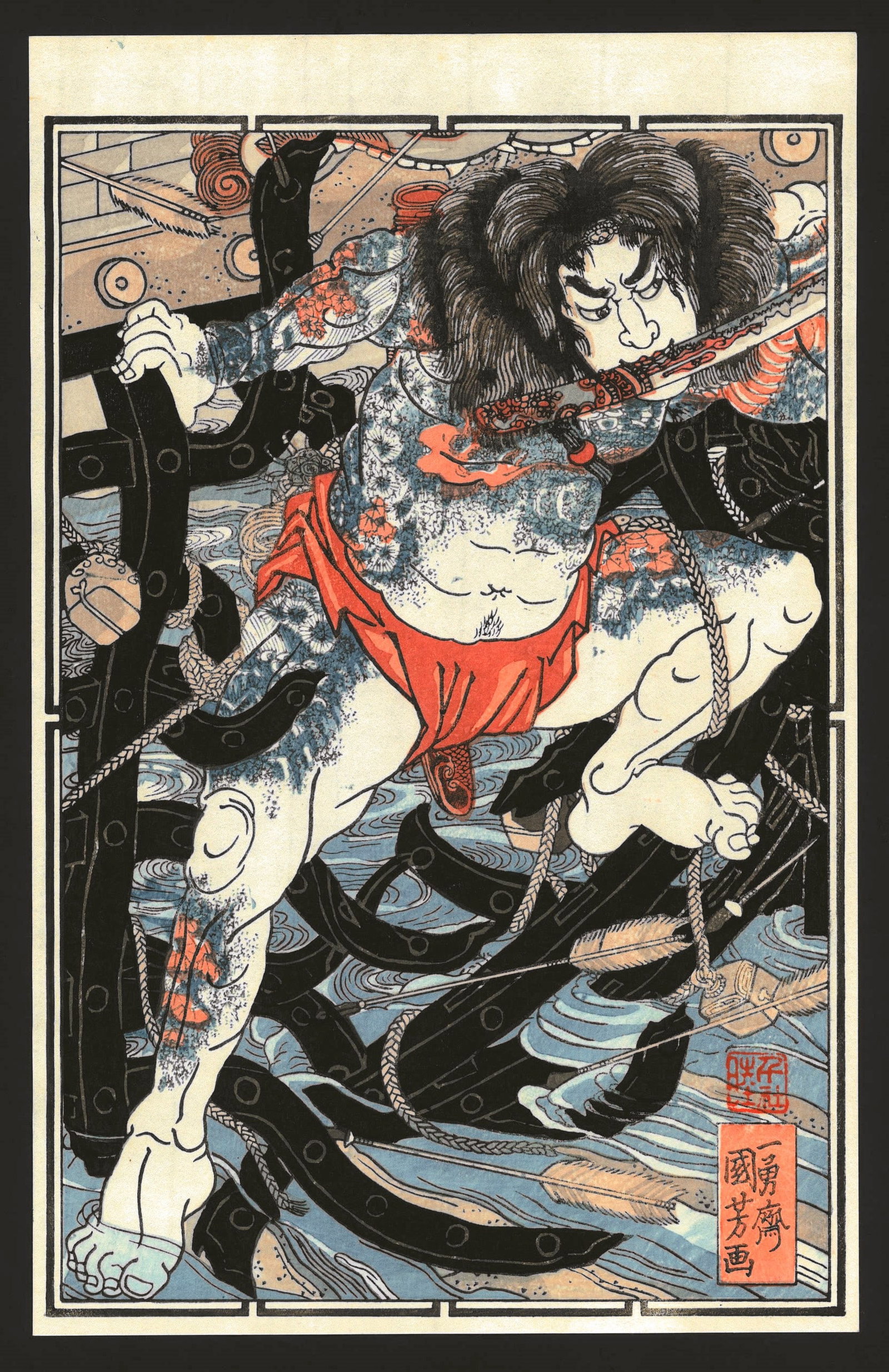 Utagawa Kuniyoshi : Rori Hakucho Chojun Ronin Warrior: Artist: Utagawa Kuniyoshi Title: "Rori Hakucho Chojun Ronin Warrior" Size: Oban (12.1/4x7.7/8in) Paper Type: Washi Medium: Authentic woodblock reproduction from recarved block. Circa: Showa era, (1930