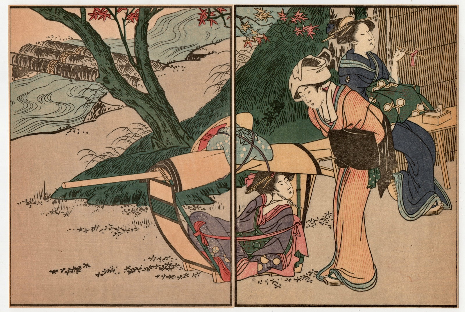 Kitagawa Utamaro : Antique Diptych Woodblock Print: Artist: Kitagawa Utamaro. Title: “Untitled” Circa: 1917 Taisho era. Size: (7.1/4x10.7/8in) Medium: Authentic woodblock reproduction from recarved block. Style: Diptych. Format: Horizontal. Pub