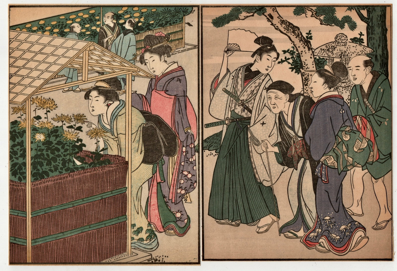 Kitagawa Utamaro : Antique Diptych Woodblock Print: Artist: Kitagawa Utamaro. Title: “Untitled” Circa: 1917 Taisho era. Size: (7.1/4x10.7/8in) Medium: Authentic Woodblock Reproduction from recarved block. Style: Diptych. Format: Horizontal. Pub
