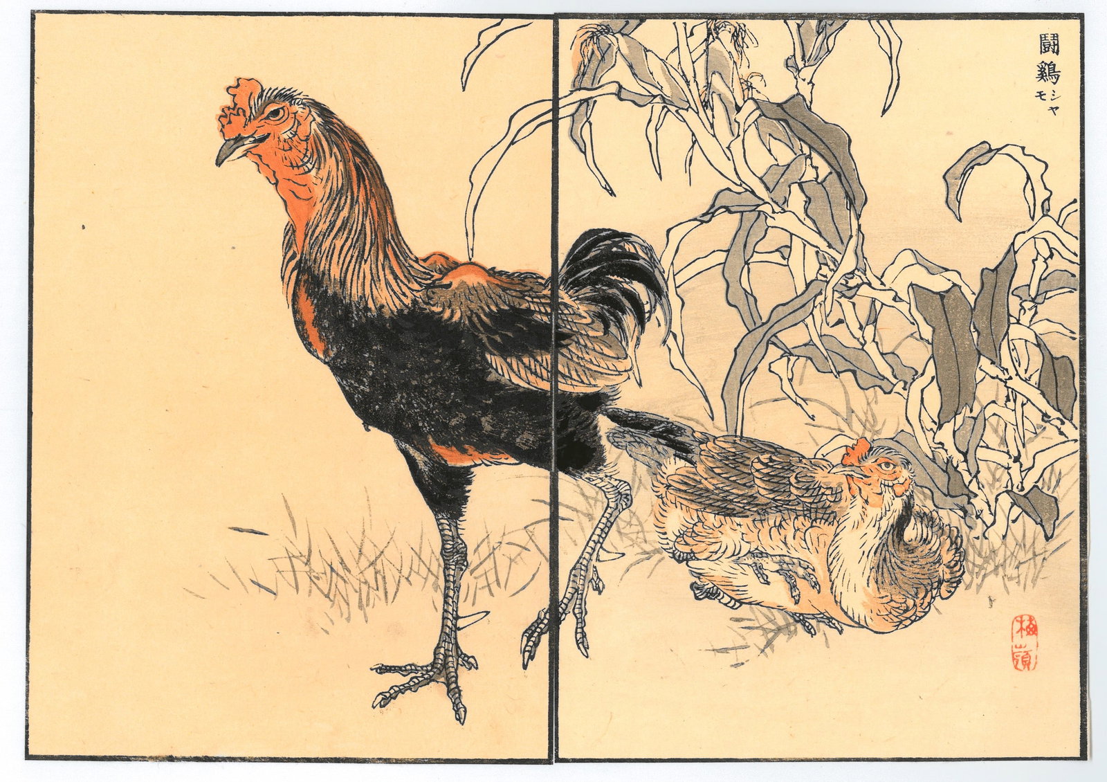Diptych Woodblock Print by Kono Bairei : One Hundred Pictures of Birds (1 of 2)