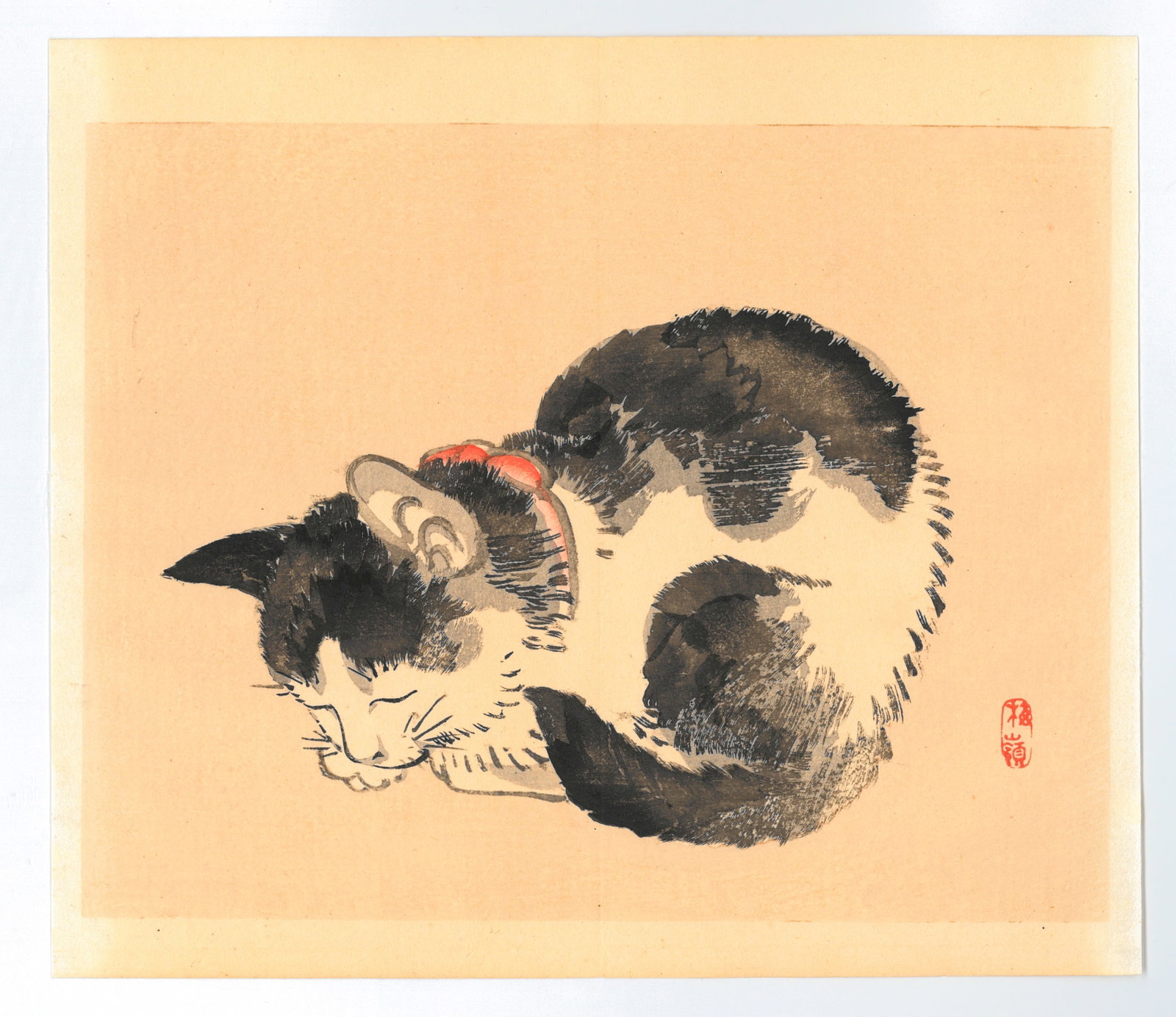 Kono Bairei : Cat Woodblock Print: Artist: Kono Bairei. Title: "Cat" Date: Circa, Meiji 1868-1912. Medium: Woodblock. Size: (10x8.1/2inin). Place of Origin: Japan. Publisher: Yamada Unsodo. Format: Horizontal. Paper Type: Washie.