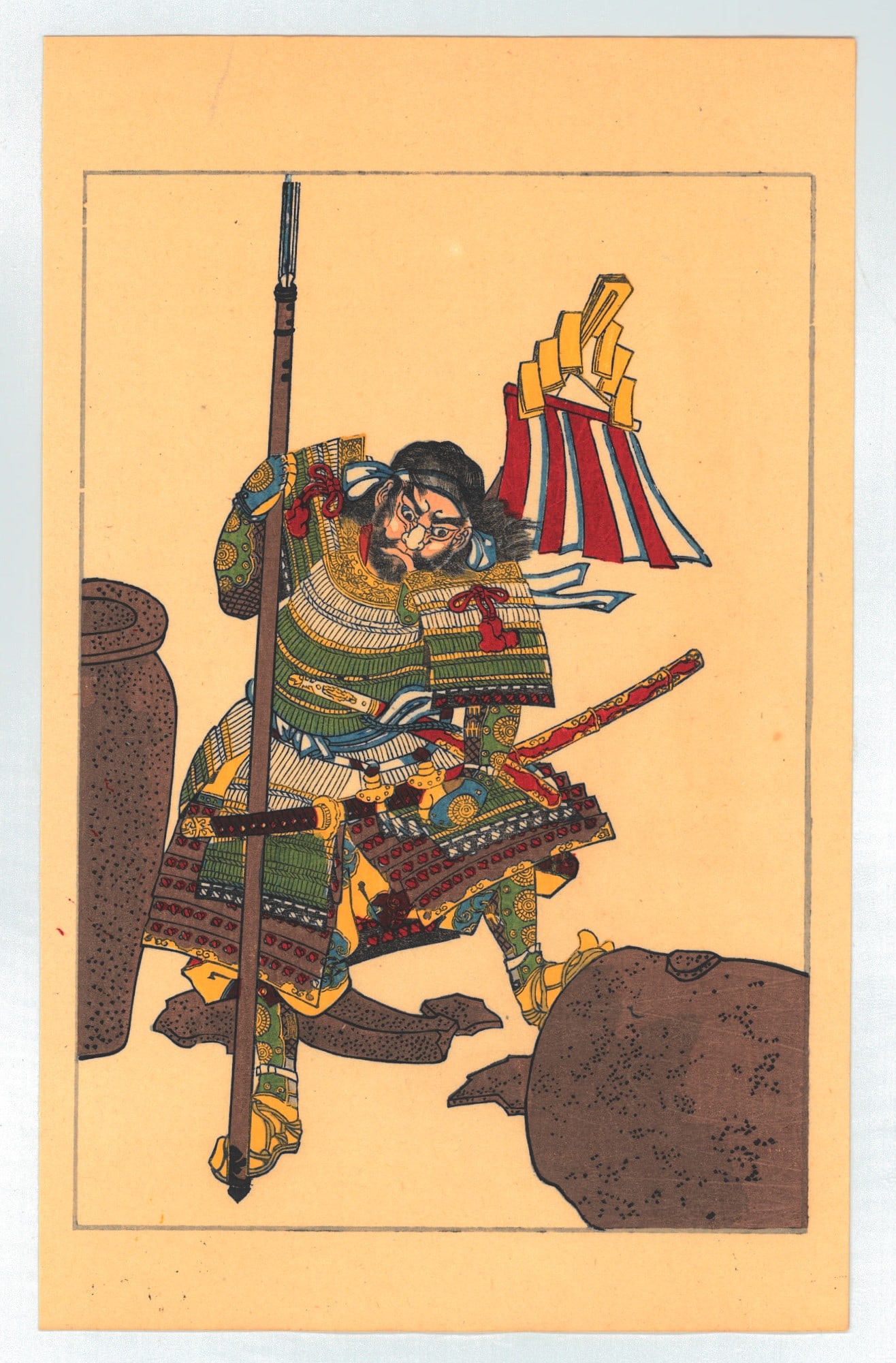 Utagawa Kuniyoshi : Fifty Heros of Japan Historical Character Shibata Shurinosuke Katsuie: Artist: Utagawa Kuniyoshi (1797-1861). Title: "Chibata Shuri-no-shin Tatsuie grasping his spear, with which he has just broken the water-jars to induce his men to make a sally while besieged in the ca