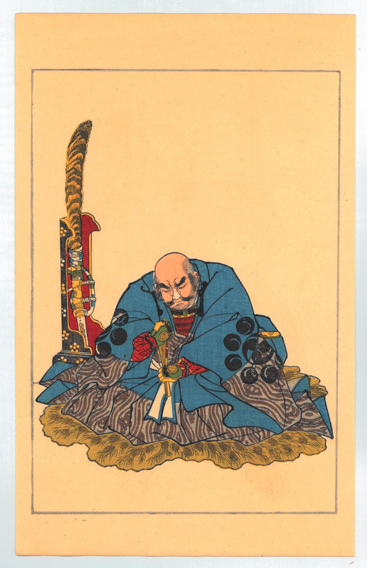 Utagawa Kuniyoshi : Fifty Heros of Japan Historical Character Tsutsui Junkei: Artist: Utagawa Kuniyoshi (1797-1861). Title: "Tsuchii Yamato no Kami Nyûdô Juntei seated on a fur rug with bowed head and a tachi (long sword) in a tiger skin scabbard on a stand behind him" Date: