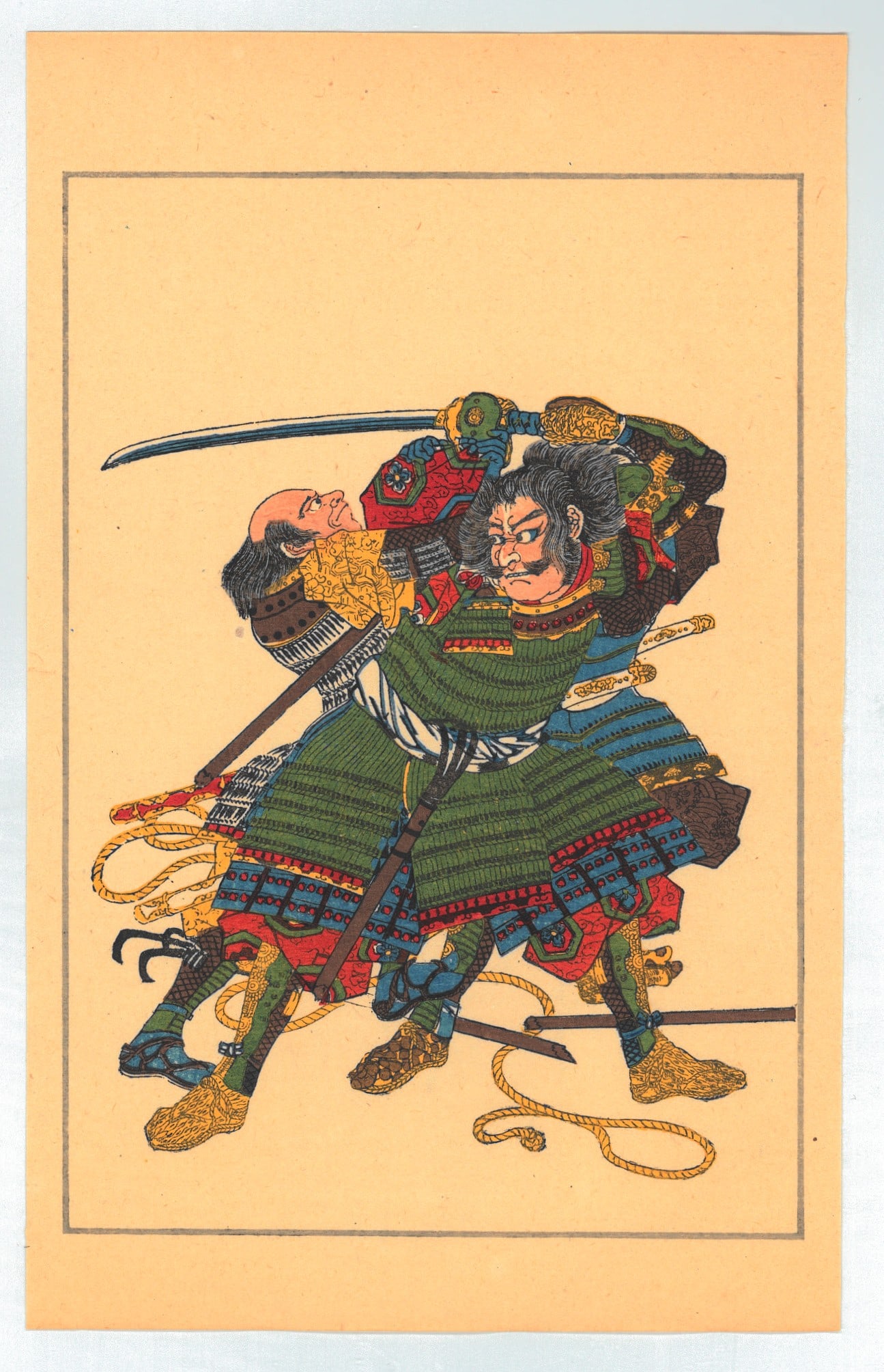 Utagawa Kuniyoshi : Fifty Heros of Japan Historical character: Sakuma Genba Morimasa: Artist: Utagawa Kuniyoshi (1797-1861). Title: "Takuma Gemba-no-jo Morimasu armored and wielding his sword while two men attempt to hold him" Date: Circa, 1917-1920 Taisho Period. Woodblock Print. Size