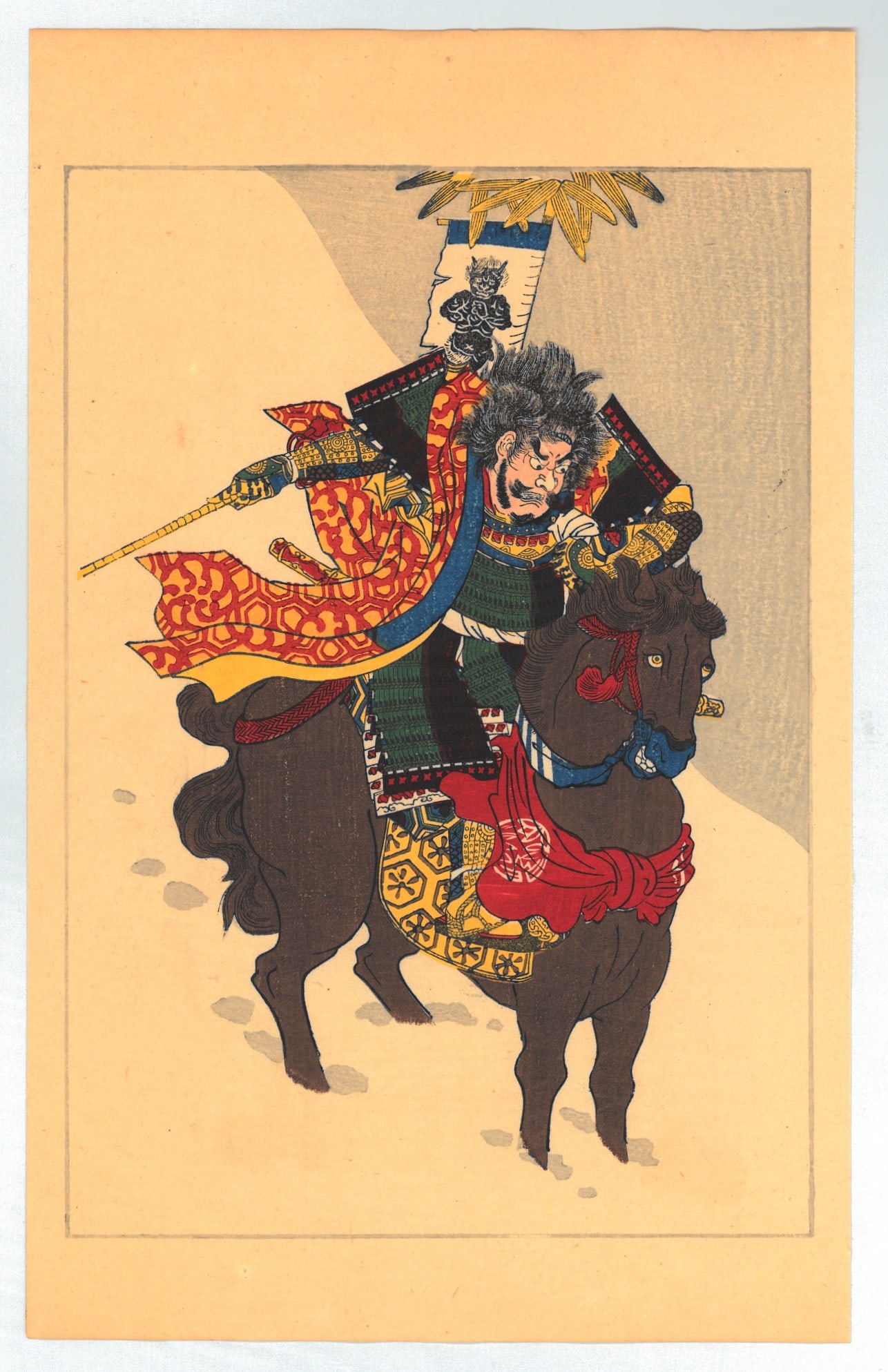 Utagawa Kuniyoshi : Fifty Heros of Japan Historical Character Sassa Narimasa: Artist: Utagawa Kuniyoshi (1797-1861). Title: "Sada Mutsu no Kami Arimasa on horseback in the snow" Date: Circa, 1917-1920. Medium: Woodblock Print. Size: (9.1/2x6in). Paper Type: Mulberry.Sources: ht