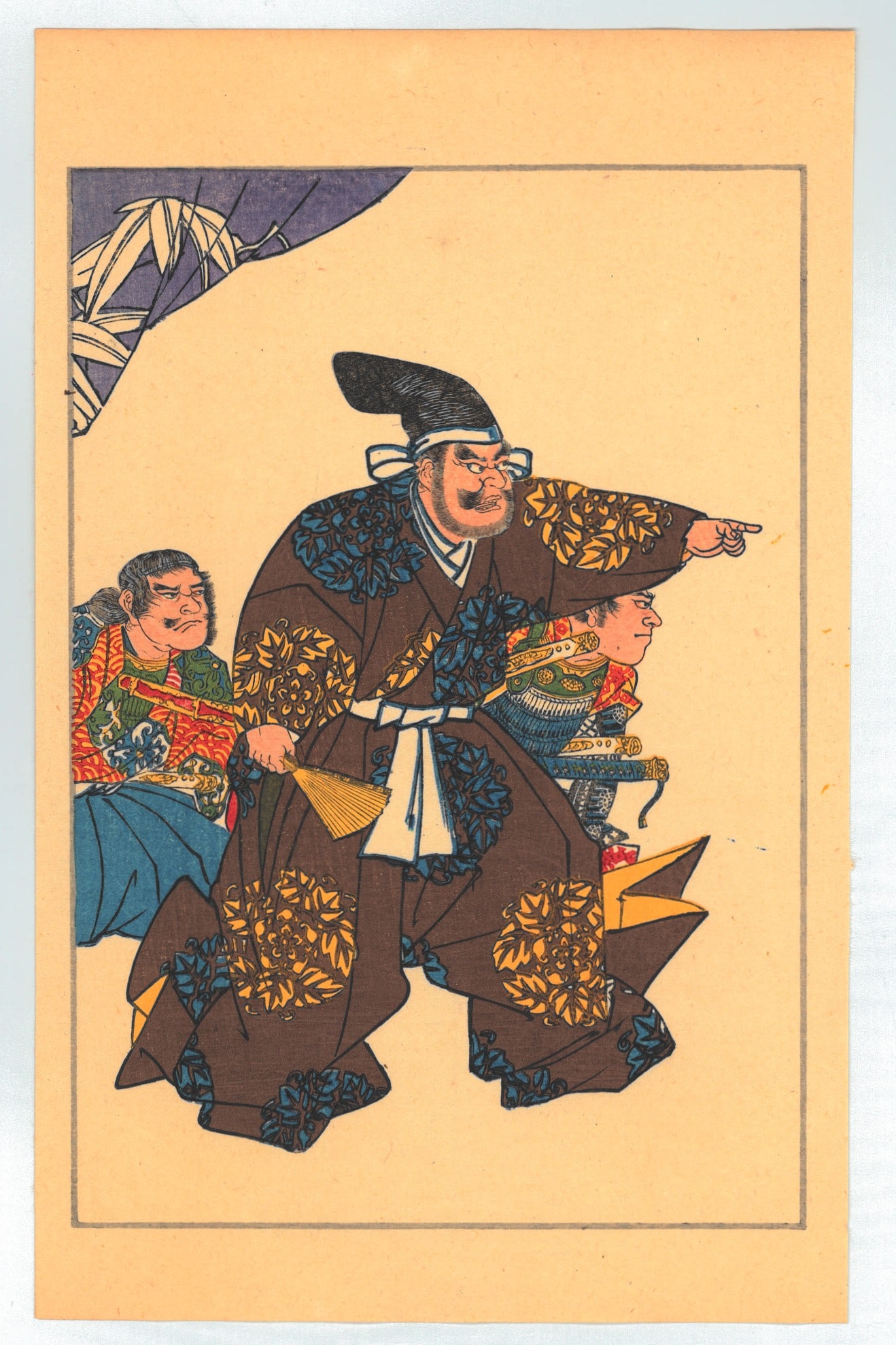 Utagawa Kuniyoshi : Fifty Heros of Japan Historical Character Takigawa Sakon Kazumasu: Artist: Utagawa Kuniyoshi (1797-1861). Title: "Tatsugawa Sakon Katsumasa pointing emphatically with two retainers in armor" Date: Circa, 1917-1920 Taisho Period. Medium: Woodblock Print. Size: (9.1/2x