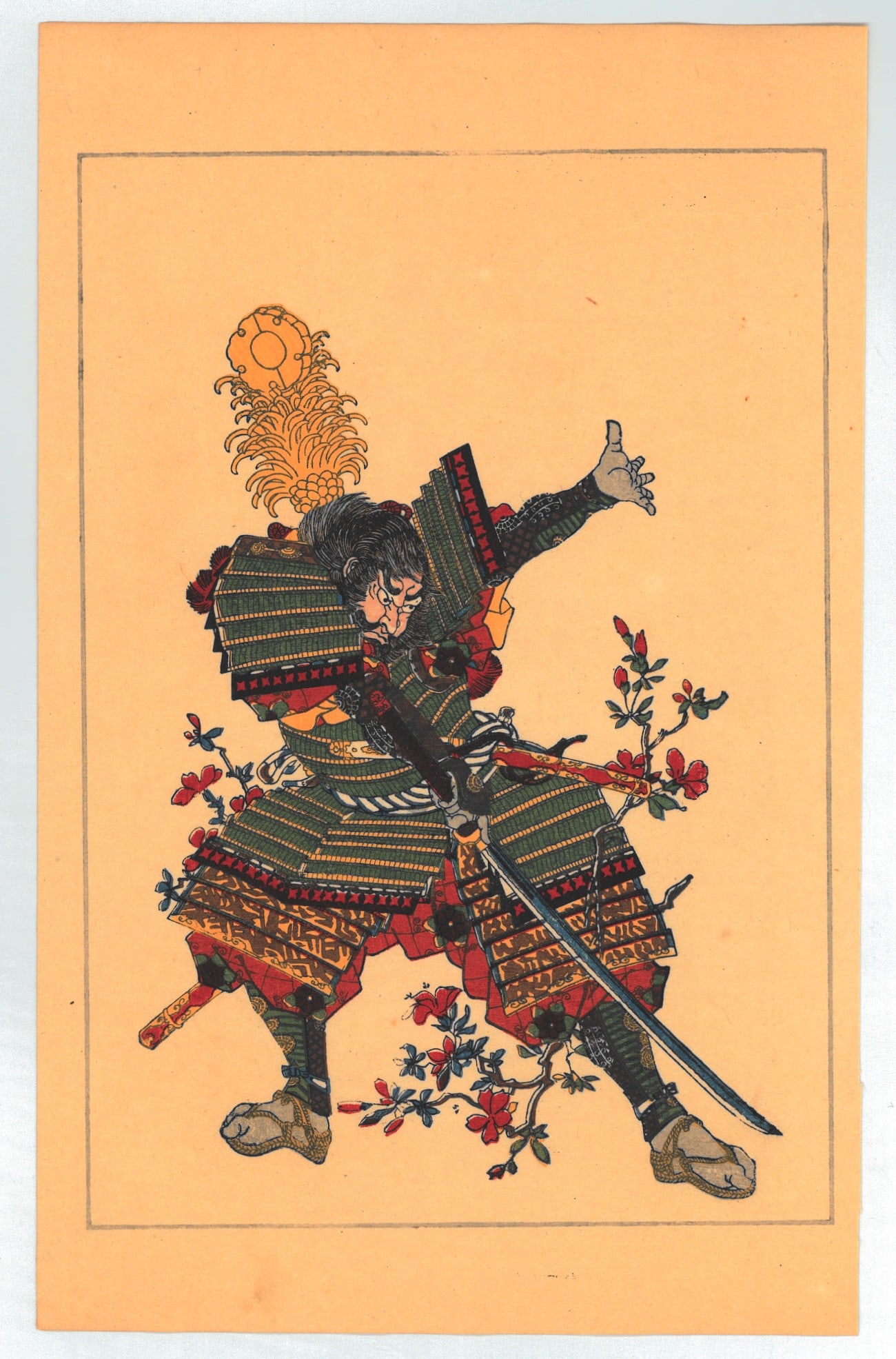 Utagawa Kuniyoshi : Fifty Heros of Japan Historical Character Yamaji Shogen Masakuni: Artist: Utagawa Kuniyoshi (1797-1861). Title: "Hamaji Shogen Mitsukuni, armored but without helmet, cutting a blossoming branch with his sword" Date: Circa, 1917-1920 Taisho Period. Medium: Woodblock