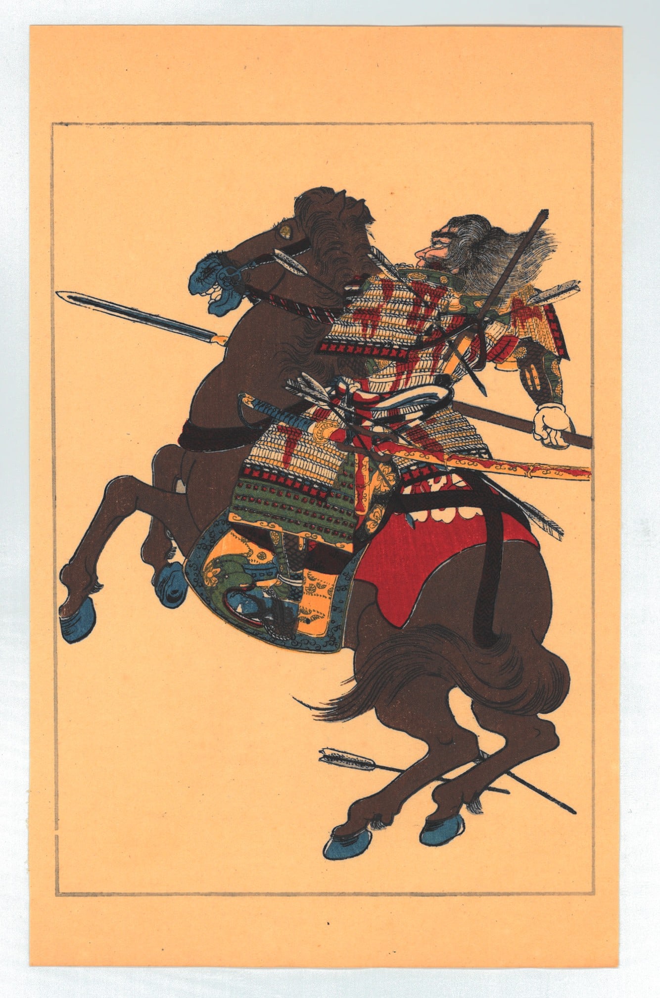 Utagawa Kuniyoshi : Fifty Heros of Japan Historical Character Haigo Gozaemon Hisamitsu: Artist: Utagawa Kuniyoshi (1797-1861). Title: "Kozaemon Hisamitsu mounted and armored, but bareheaded, on his galloping steed" Date: Circa, 1917-1920 Taisho Period. Medium: Woodblock Print. Size: (9.1