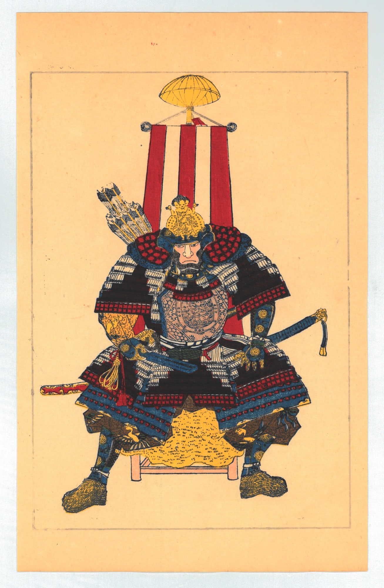Utagawa Kuniyoshi : Fifty Heros of Japan Historical Character Oda Nobutaka: Artist: Utagawa Kuniyoshi (1797-1861). Title: "Tambe Jiju Taira no Harutaka seated on a stool in full armor with a banner behind him" Date: Circa, 1917-1920. Medium: Woodblock Print. Size: (9.1/2x6in)