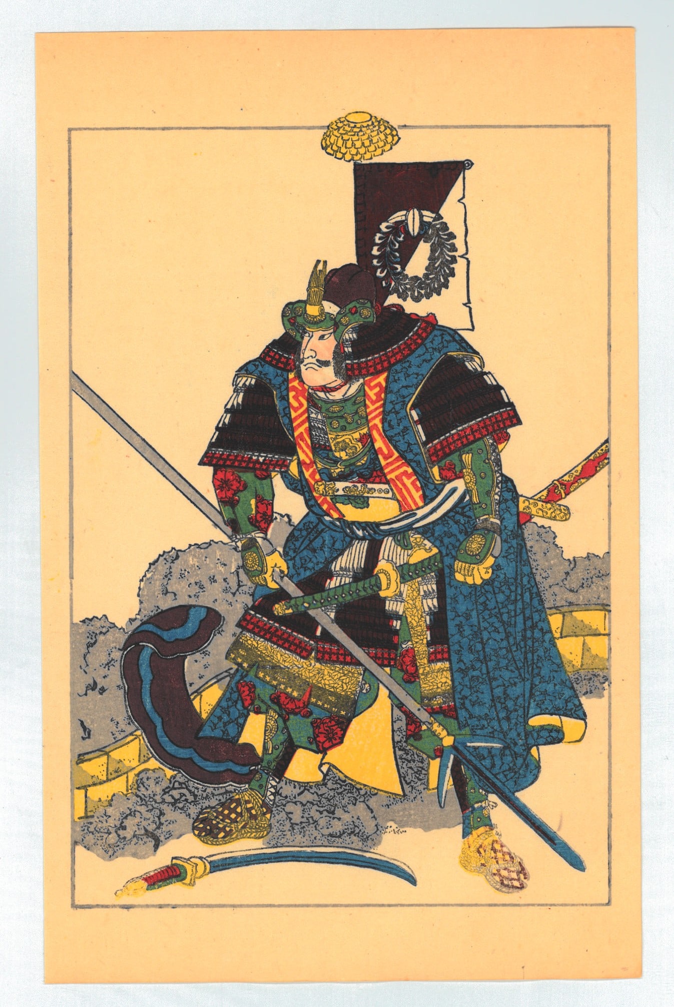 Utagawa Kuniyoshi : Fifty Heros of Japan Historical Character: Kato Samanosuke Yoshiaki: Artist: Utagawa Kuniyoshi (1797-1861). Title: "Sama-no-suke Fujiwara no Yasuakira in armor wearing a haori and carrying a jûmonji spear" Date: Circa, 1917-1920 Taisho Period. Medium: Woodblock Print.