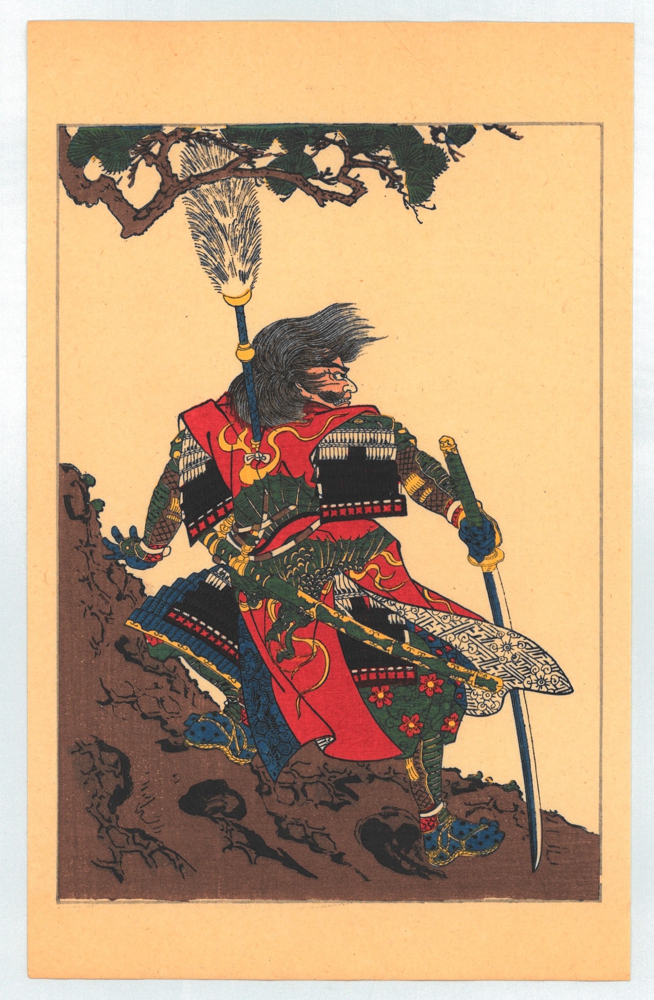 Utagawa Kuniyoshi : Fifty Heros of Japan Historical Character Sakai Ukon Masanao: Artist: Utagawa Kuniyoshi (1797-1861). Title: "Sasai Ukon Masanao standing on a huge pine-trunk with drawn sword" Date: Circa, 1917-1920 Taisho Period. Medium: Woodblock Print. Size: (9.1/2x6in). Pape