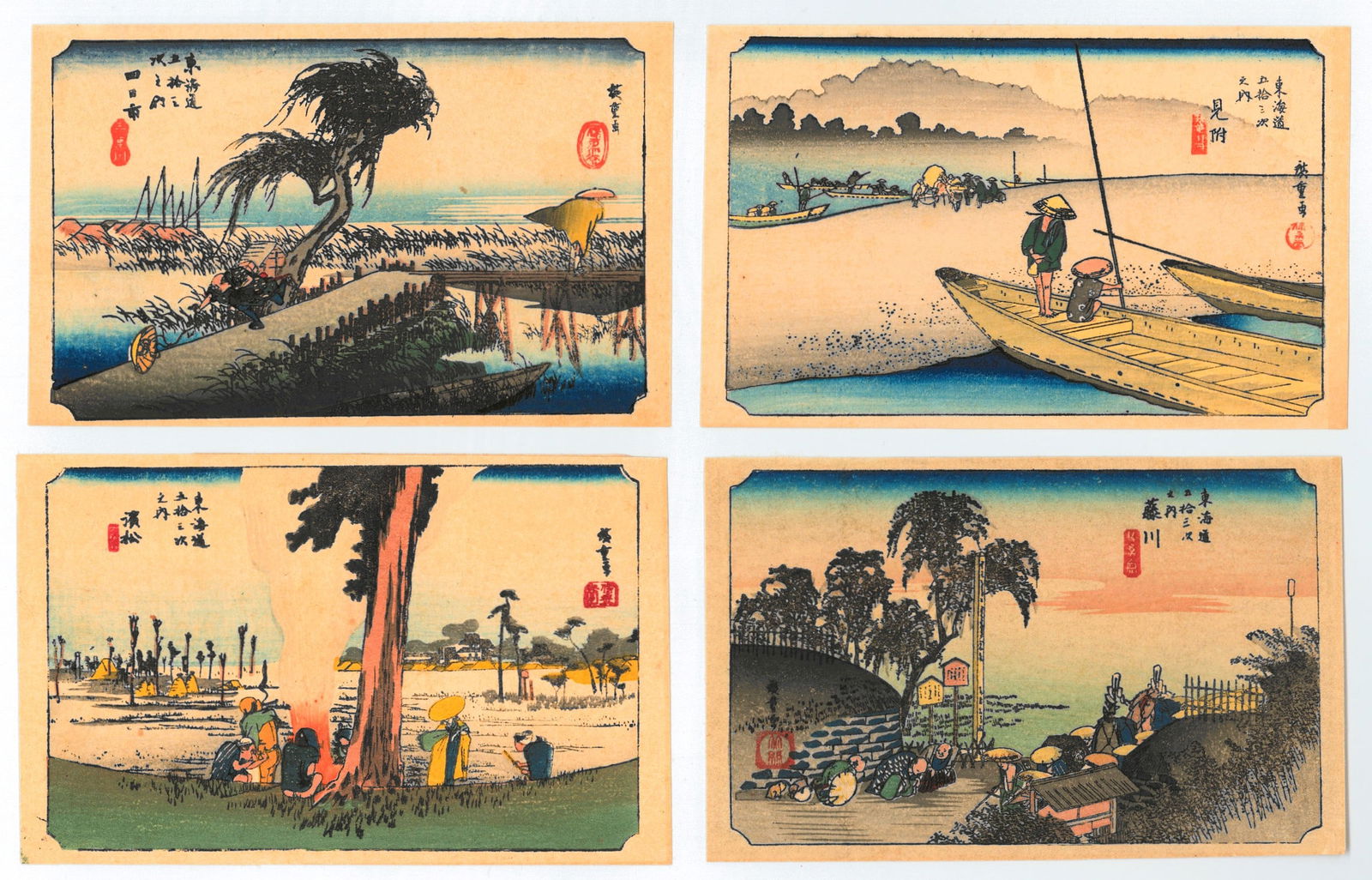 Ando Hiroshige 4 Japanese Woodblock Prints: Artist: Utagawa Ando Hiroshige. Series: The Fifty-Three Stations of the Tokaido Road. Medium: Authentic woodblock reproduction from recarved block. Format: Horizontal. Paper Type: Washi. Size: Each Sh